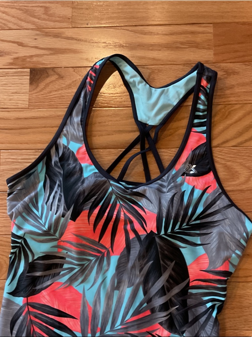 Xhilaration Tropical Palm Print Tankini Top - Coral, Teal, Black - Picture 4 of 8